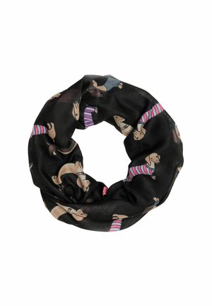 Black infinity scarf made from lightweight fabric featuring a repeated dog pattern in various colors with striped shirts and accessories.