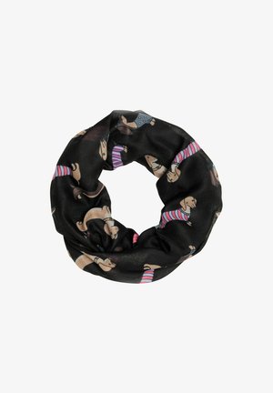 Schwarzer Infinity-Schal aus leichtem Stoff, der ein wiederholtes Hundemuster in verschiedenen Farben mit gestreiften T-Shirts und Accessoires aufweist.