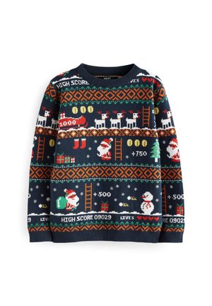 Pull de Noël bleu marine avec un Père Noël en pixel art, un renne, un bonhomme de neige, des cadeaux, des échelles, des pièces et un score ainsi que des cœurs dans le style d'un jeu d'arcade.