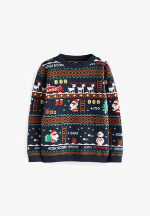 Pull de Noël bleu marine avec un Père Noël en pixel art, un renne, un bonhomme de neige, des cadeaux, des échelles, des pièces et un score ainsi que des cœurs dans le style d'un jeu d'arcade.