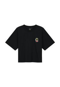 Zwarte katoenen T-shirt met korte mouwen en een relaxte pasvorm. Bevat een klein groen en geel geborduurd ontwerp op de borst.