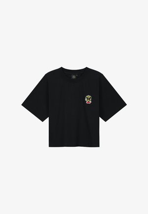 Zwarte katoenen T-shirt met korte mouwen en een relaxte pasvorm. Bevat een klein groen en geel geborduurd ontwerp op de borst.