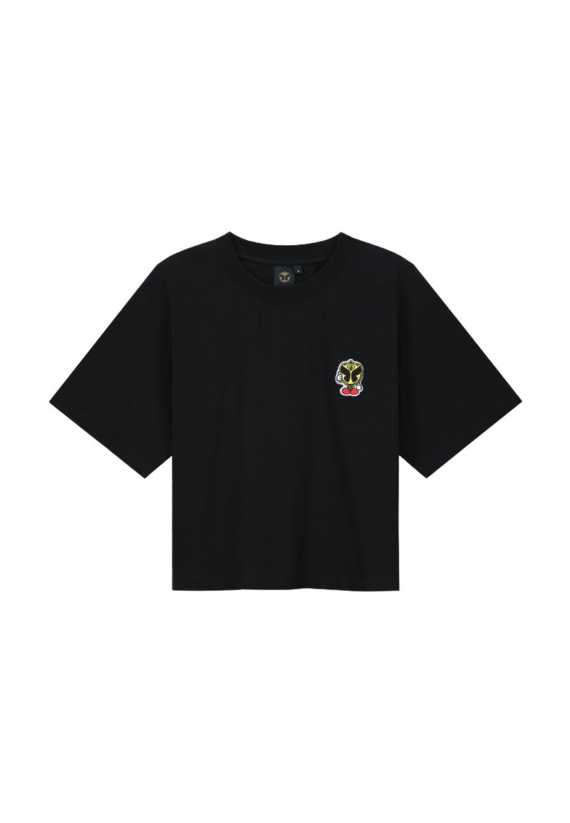 Zwarte katoenen T-shirt met korte mouwen en een relaxte pasvorm. Bevat een klein groen en geel geborduurd ontwerp op de borst.