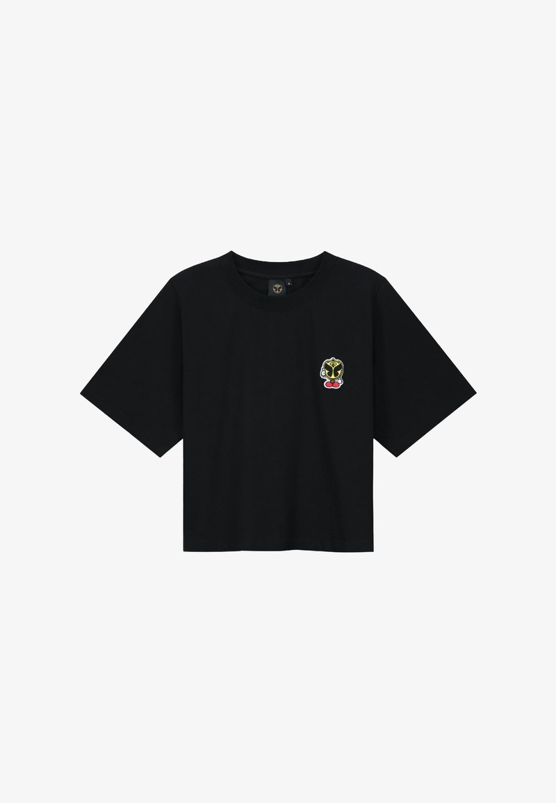 Zwarte katoenen T-shirt met korte mouwen en een relaxte pasvorm. Bevat een klein groen en geel geborduurd ontwerp op de borst.