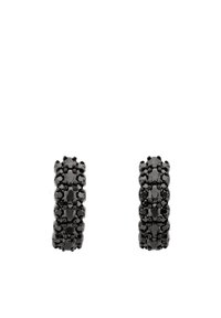 Černé smaltované kruhové náušnice s texturovaným povrchem a malými kulatými detaily, které vytvářejí vrstvený vzhled. Kulatý tvar, lesklý povrch.