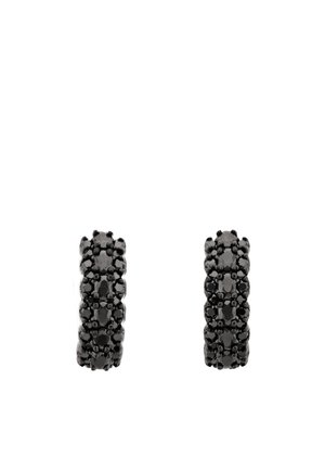 Schwarze Emaille-Hoops-Ohrringe mit einer strukturierten Oberfläche und kleinen, runden Akzenten, die einen geschichteten Eindruck erzeugen. Runde Form, polierte Oberfläche.