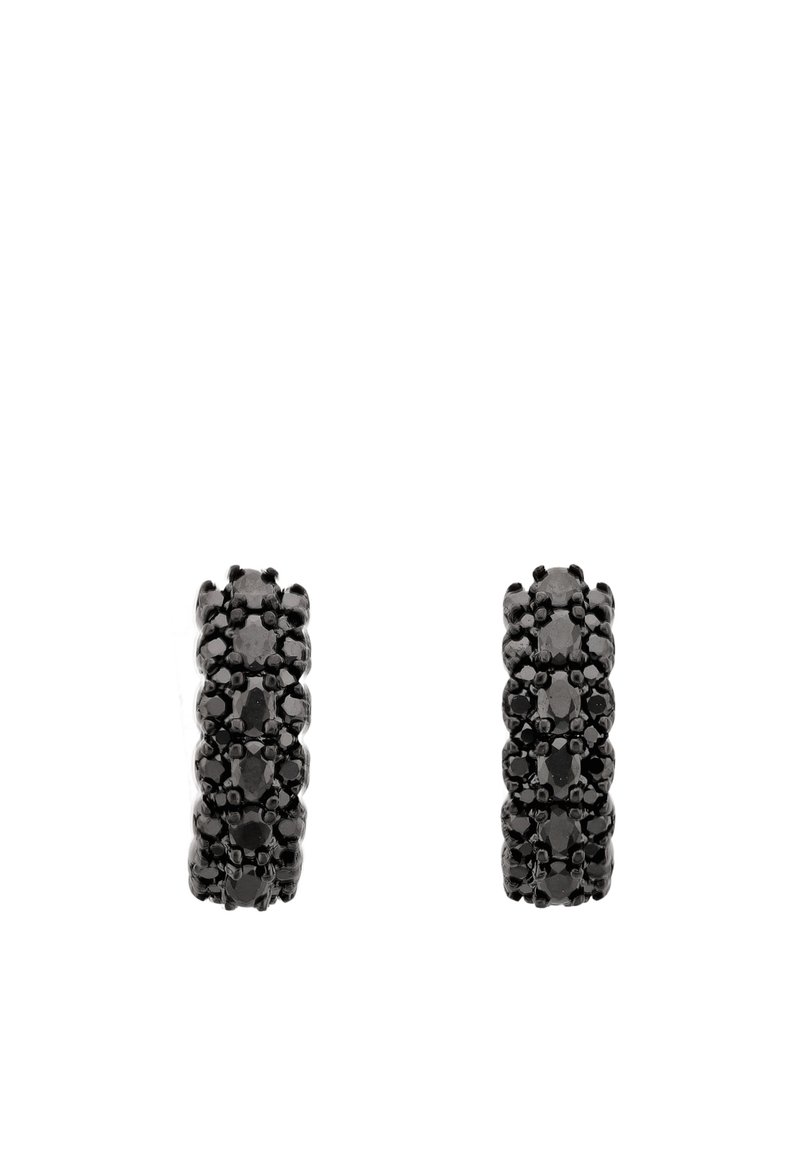 Černé smaltované kruhové náušnice s texturovaným povrchem a malými kulatými detaily, které vytvářejí vrstvený vzhled. Kulatý tvar, lesklý povrch.