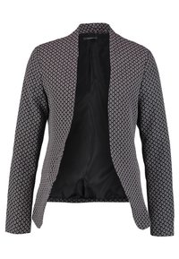 Blå och vit mönstrad kavaj med öppna framkanter, långa ärmar och slätt svart innerfoder.