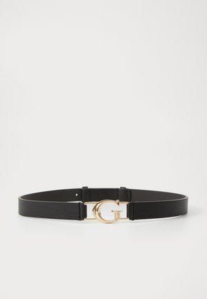 Black leather belt with a gold buckle shaped like the letter "G" on a white background.