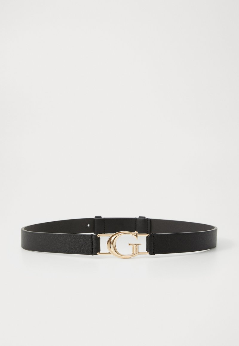 Black leather belt with a gold buckle shaped like the letter "G" on a white background.