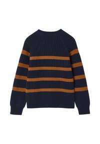 Marineblauer Strickpullover mit kräftigen orangefarbenen Streifen, Raglanärmeln und gerippten Bündchen sowie Saum. Strukturierter Stoff mit lockerer Passform.