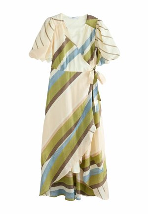 Zavinovacie šaty s nariasenými rukávmi, diagonálne pruhy v krémovej, hnedej, zelenej a modrej farbe, s bočným zaväzovaním a asymetrickým lemom.