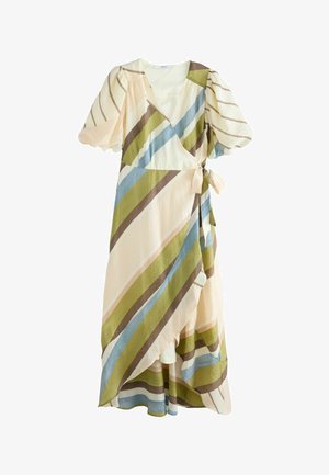 Kietaisumekko, jossa on puff-hihat ja vinoraitoja väreissä kerma, ruskea, vihreä ja sininen. Mekossa on sivusolmuke ja epäsymmetrinen helma.