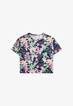 Korte crop top van katoen, met een marineblauwe achtergrond en een multikleurige bloemprint in roze, groen en lichtbeige. Ronde halslijn, korte mouwen.