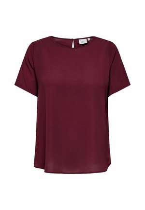 Bordeauxfarbene kurzärmlige Bluse mit Rundhalsausschnitt und einer Schlitz-Detail hinten; aus strukturiertem Stoff, mit lässiger Passform.