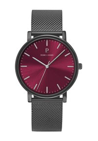 Okrągły zegarek z burgundową tarczą, srebrnymi znacznikami godzin oraz czarnym metalowym paskiem w siateczkę. Charakteryzuje się eleganckim wyglądem i minimalistycznymi akcentami.
