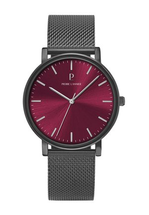 Round watch with a burgundy face, silver hour markers, and a black mesh metal strap. Features a sleek design and minimalist accents.
