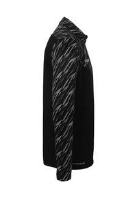 Sportieve longsleeve shirt met een zwart lichaam en gemusterde grijze mouwen. De stof lijkt glad met een kraag en een subtiele logo.