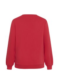 Rotes Sweatshirt mit langen Ärmeln, rundem Ausschnitt und gerippten Bündchen. Glatte Textur, schlichtes Design, keine sichtbaren Grafiken oder Muster.