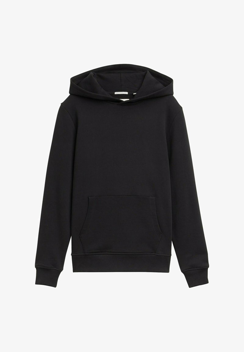Felpa nera con cappuccio in tessuto morbido, dotata di tasca frontale, cappuccio con cordino e polsini a coste. Design semplice e privo di decorazioni.