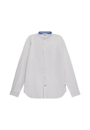 Camicia bianca a maniche lunghe con colletto alla band, chiusura frontale con bottoni e colletto interno blu. Presenta un orlo curvo e una texture sottile.