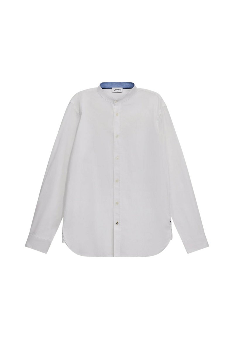 Camicia bianca a maniche lunghe con colletto alla band, chiusura frontale con bottoni e colletto interno blu. Presenta un orlo curvo e una texture sottile.