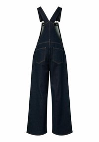 Salopette en denim bleu foncé à jambes larges avec bretelles réglables et deux grandes poches arrière, vue de dos sur fond blanc.