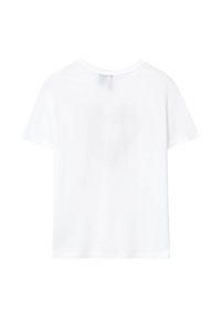 T-shirt bianca in cotone con collo rotondo classico e maniche corte, caratterizzata da una texture liscia e senza schemi o dettagli visibili.