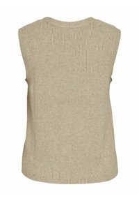 Gilet sans manches en tricot côtelé beige avec un col arrondi, vu de dos.