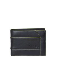 Portafoglio in pelle nera con cuciture verdi, dotato di molteplici scomparti per carte e un design sottile. Logo inciso visibile sul davanti.