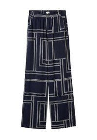 Navy wide-leg trousers with a geometric white line pattern, featuring an elastic waistband and side pockets.