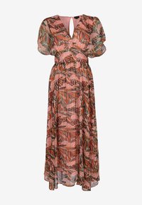 Abito maxi floreale in rosa, con maniche a palloncino, scollatura a foro e vita elastica. Realizzato in tessuto leggero e fluido con motivi a foglie.