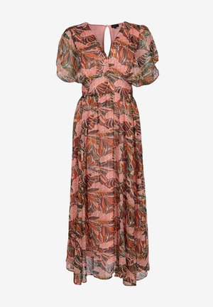 Roze bloemen maxi-jurk met pofmouwen, een keyhole-halslijn en elastische tailleband. Gemaakt van lichte, vloeiende stof met bladerenpatronen.