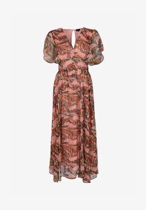 Kwiatowa maxi sukienka w kolorze różowym, z bufkami, dekoltem w kształcie łezki i elastycznym pasem w talii. Wykonana z lekkiego, zwiewnego materiału w liściaste wzory.