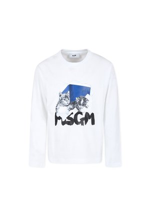 Witte long sleeve t-shirt met een bedrukte graphic van twee kitten en een blauwe geometrische vorm, met zwarte tekst "MSGN" onderaan.