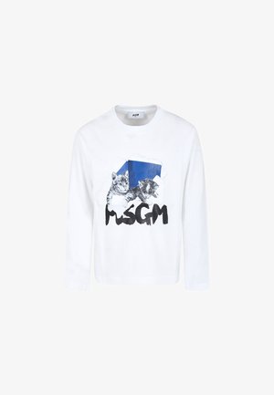 Maglietta a maniche lunghe bianca con una grafica stampata di due gattini e una forma geometrica blu, con il testo nero "MSGN" in basso.