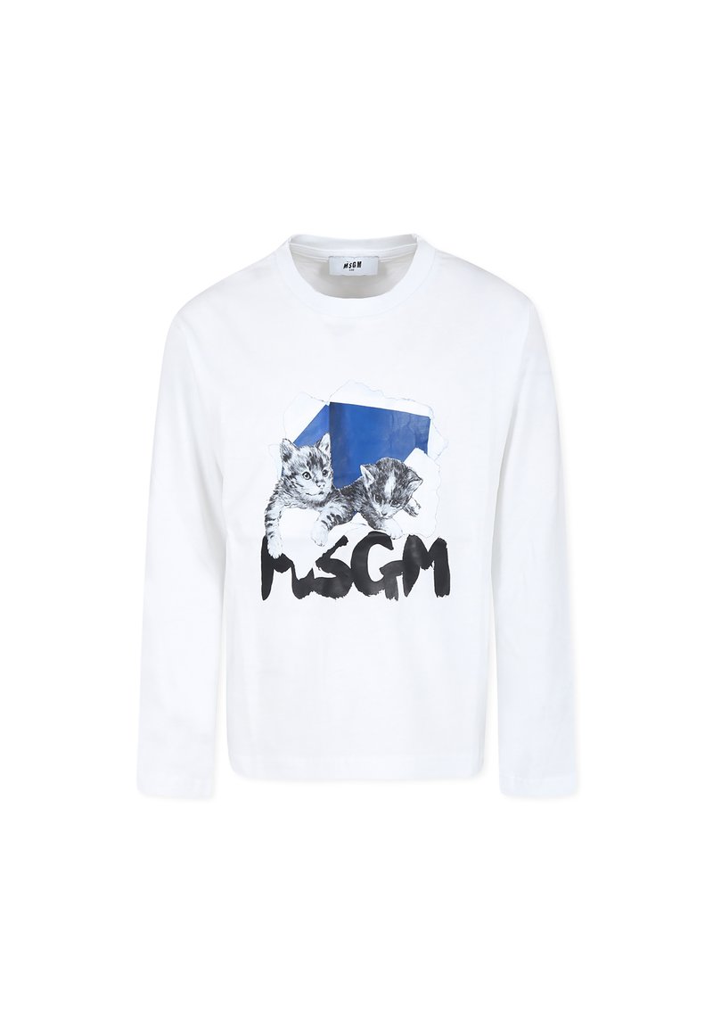 Witte long sleeve t-shirt met een bedrukte graphic van twee kitten en een blauwe geometrische vorm, met zwarte tekst "MSGN" onderaan.
