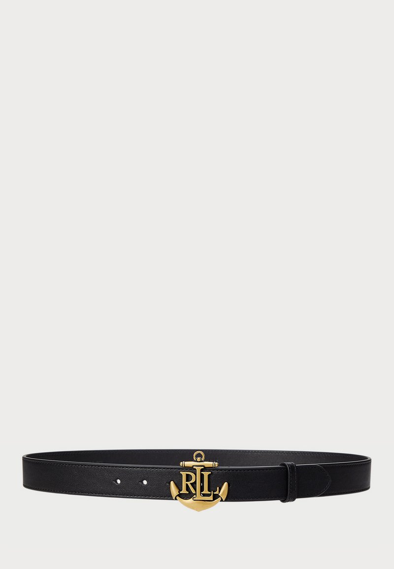 Cinto de couro preto com um logótipo dourado de âncora e as iniciais "RL." Textura suave com buracos ajustáveis para um ajuste personalizado.
