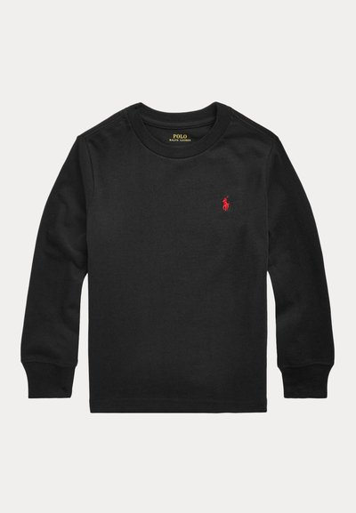Black long-sleeve crewneck shirt with red Polo Ralph Lauren logo embroidered on the left chest.