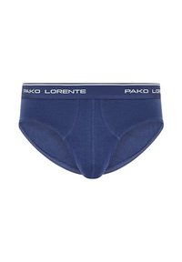 Granatowe slipy wykonane z miękkiego materiału, z podpórczą kieszonką z przodu oraz białą elastyczną taśmą w pasie z nazwą "PAKO LORENTE."