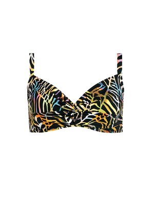 Czarny i wielokolorowy top bikini z wzorem w zebrę, z twistowanym przodem i regulowanymi ramiączkami. Wykonany z elastycznego materiału.