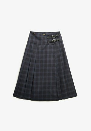 Pleated knee-length skirt in dark gray with blue check pattern, featuring two black buckles on the waist for adjustment and flat waistband.