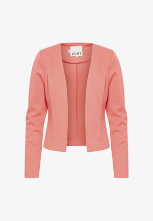 Blazer rosa claro hecho de tela suave, con un diseño de frente abierto, mangas largas y un corte sencillo sin cierres ni adornos.