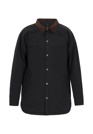 Schwarze Knopfhemdjacke mit braunem Cordkragen und langen Ärmeln, ausgestattet mit zwei Brusttaschen und zwei unteren Seitentaschen.