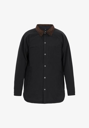 Jachetă neagră cu nasturi, cu guler din catifea maro și mâneci lungi, având două buzunare pe piept și două buzunare laterale jos.