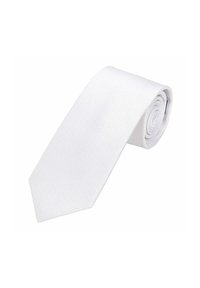 Weißes Zierband mit strukturiertem Finish, zu einer kreisförmigen Form gerollt. Hat ein spitzes Ende und einen glatten, leicht glänzenden Stoff.