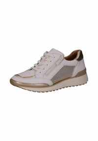 Weiße Sportschuhe mit Netzeinsätzen an den Seiten, goldenen Akzenten und einer strukturierten Gummisohle. Verfügt über eine Schnürung und ein gepolstertes Innenleben.