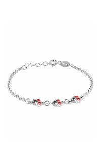 Bracciale in argento con tre charm a forma di coccinella, dettagli rossi e neri, e chiusura sicura.