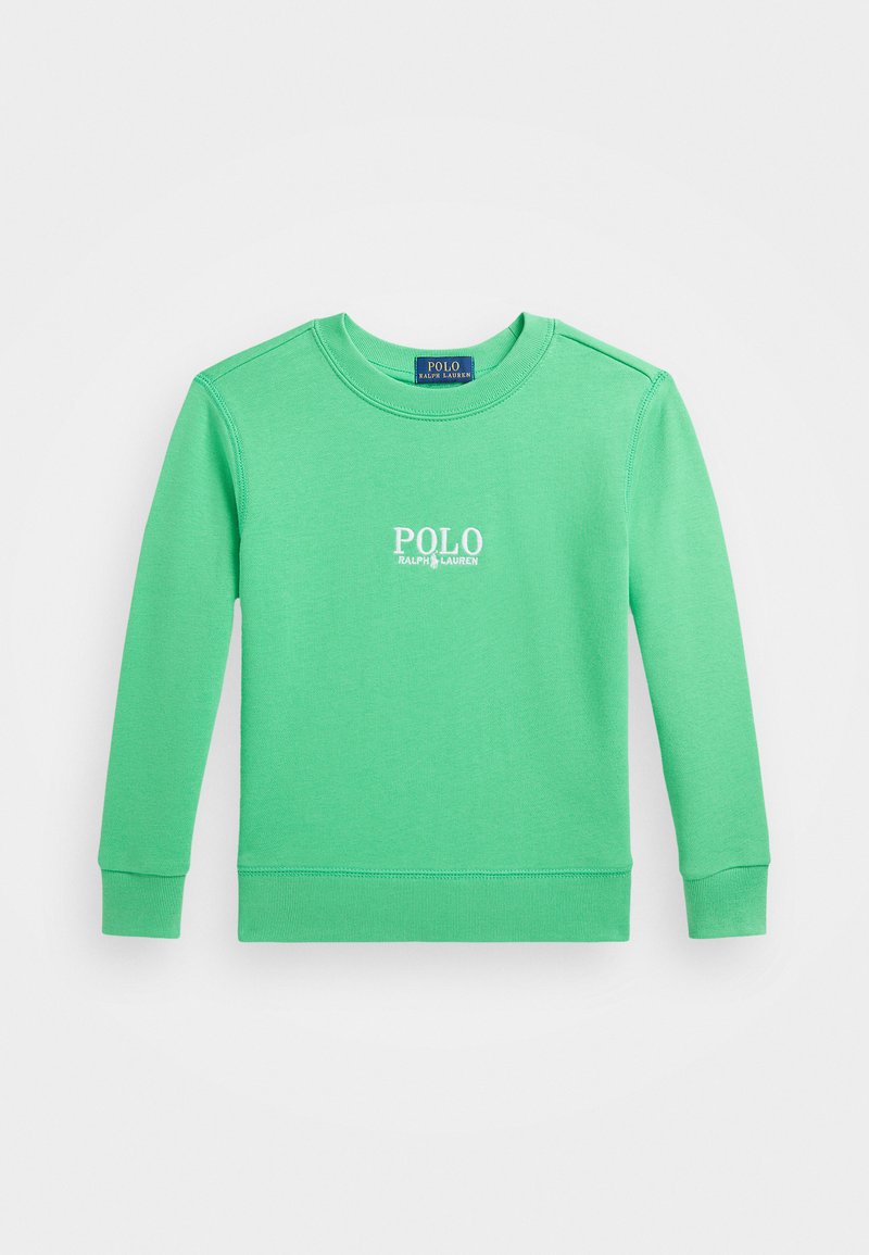 Zelena bombažna sweatshirt s krožnim ovratnikom, rebrastimi manžetami in robom. Ima belo vezeno logo spredaj. Preprost, gladek tekstura.