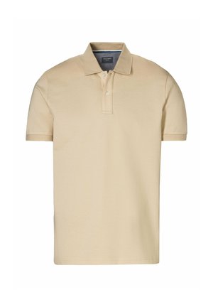Beige Polo-Shirt, kurze Ärmel, aus Baumwolle, mit Knopfleiste aus drei Knöpfen, geripptem Kragen und einer leicht strukturierten Oberfläche.